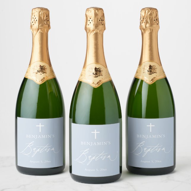 Dusty Blue Cross Baptism Sparkling Wine Bottle Lab Label (Bottles)