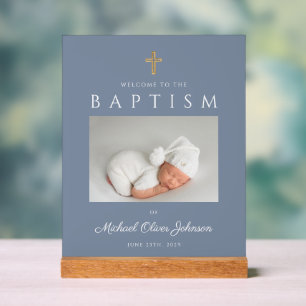 Dusty Blue Cross Photo Boy Baptism Welcome Acrylic Sign