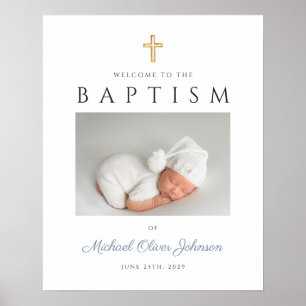 Dusty Blue Cross Photo Boy Baptism Welcome Poster