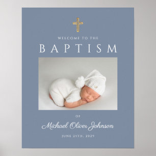 Dusty Blue Cross Photo Boy Baptism Welcome Poster