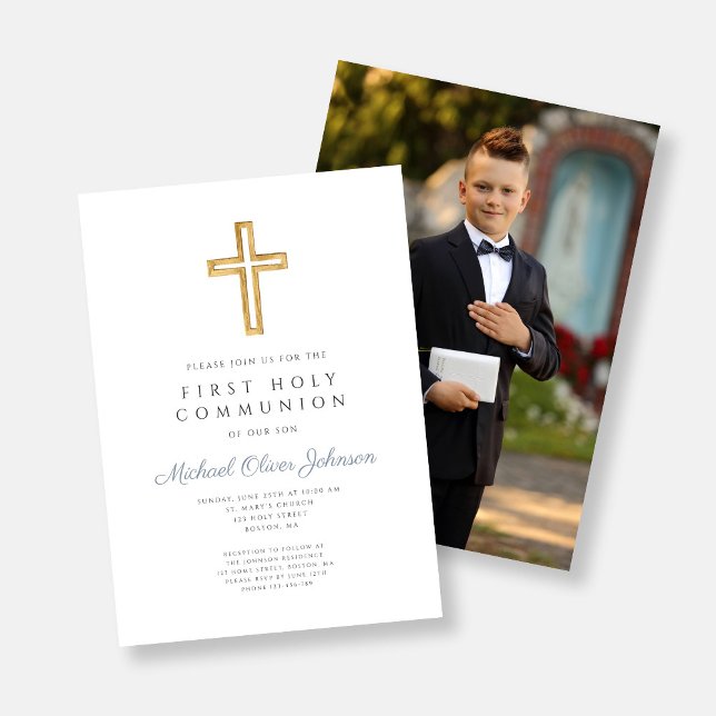 Dusty Blue Cross Photo Boy First Communion  Invitation (Dusty Blue Cross Photo Boy First Communion Invitation)