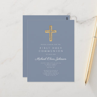 Dusty Blue Cross Religious Boy First Communion Postcard