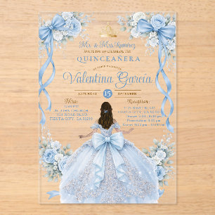 Dusty Blue Crown Gold Quinceañera Dress Birthday Acrylic Invitations