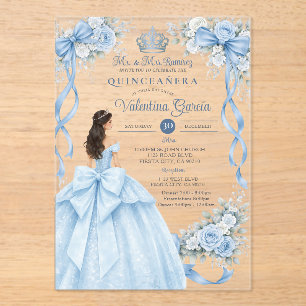 Dusty Blue Crown Gold Quinceañera Dress Birthday Acrylic Invitations