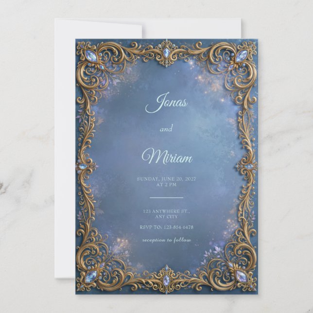 Dusty Blue Crystal Gilded Filigree Frame Wedding Invitation (Front)
