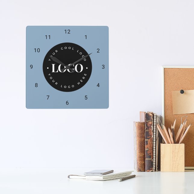 Dusty Blue Custom Logo Business Company Office Square Wall Clock (Creator Uploaded)