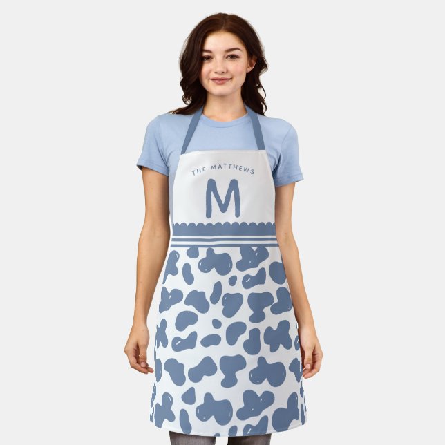 Dusty Blue Custom Name & Monogram Cow Pattern Apron (Worn)