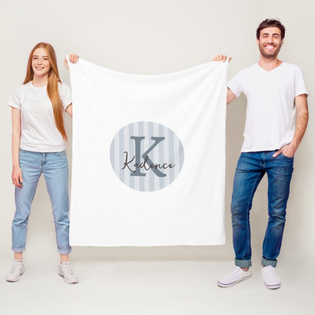 Dusty Blue Custom Striped Circle Monogram Fleece Blanket (In Situ)