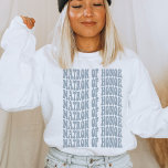 Dusty Blue Cute Trendy Boho Matron of Honour Sweatshirt<br><div class="desc">Are you looking for a fun and unique way to show your support for your upcoming bachelorette party? Look no further than this personalised dusty blue crewneck sweatshirt! The matron of honour will love wearing this shirt during her rehearsal dinner and beach party, and her bridesmaids will love getting it...</div>