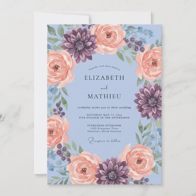 Dusty Blue Dahlia Romance Wedding Invitation (Front)