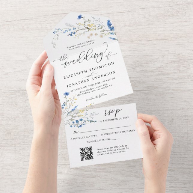 Dusty Blue Dainty Flowers Wedding Details QR RSVP All In One Invitation (Tearaway)