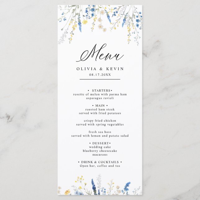 Dusty Blue Dainty Wild Floral Rustic Boho Wedding  Menu (Front)