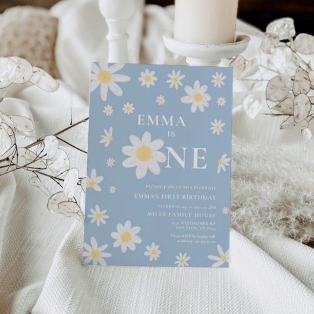 Dusty Blue Daisy First 1st Birthday invitation One (Creator Uploaded)