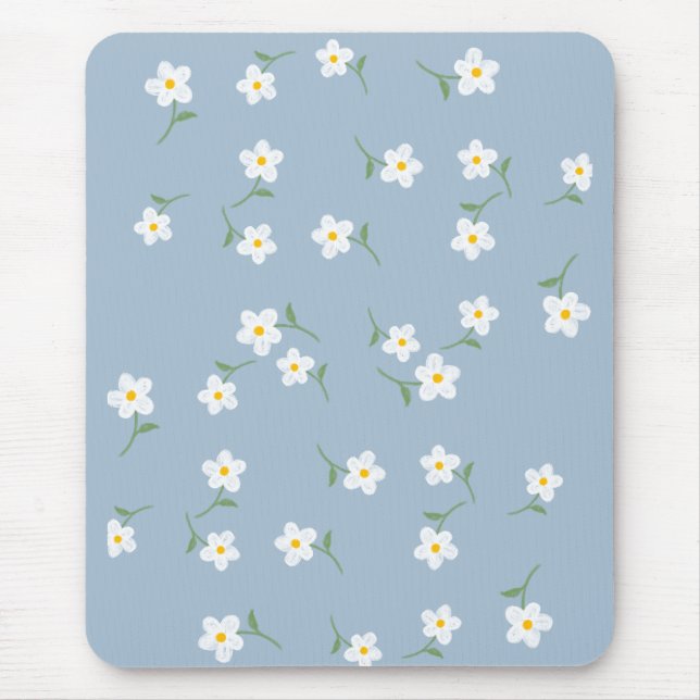 Dusty blue Daisy Floral Mouse Pad  (Front)