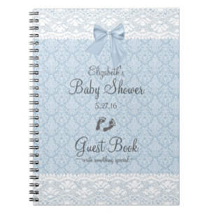 Dusty Blue Damask and Lace Baby Shower Guest Book- Spiral Notebook