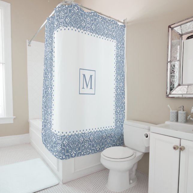 Dusty blue damask pattern white frame and monogram shower curtain (In Situ)