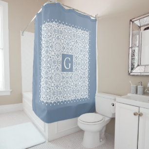 Dusty blue damask, scalloped borders and monogram shower curtain