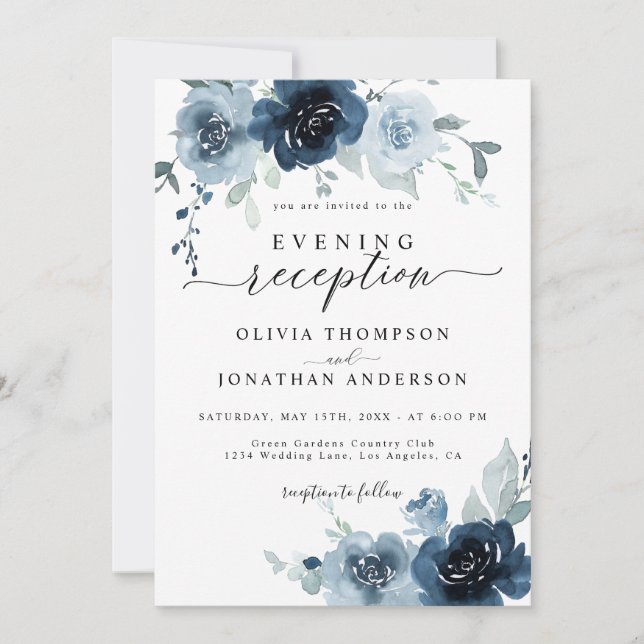 Dusty Blue Dark Navy Floral Watercolor Wedding Invitation (Front)
