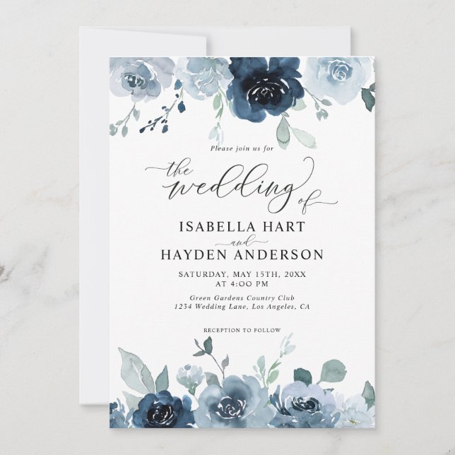 Dusty Blue Dark Navy Slate Floral Pastel Wedding Invitation (Front)