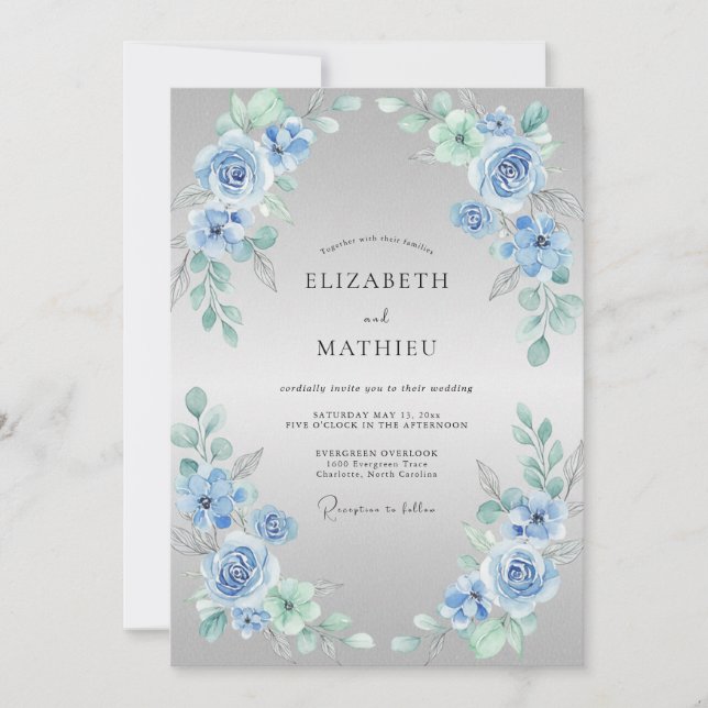 Dusty Blue Delicate Bloom Wedding Invitation (Front)