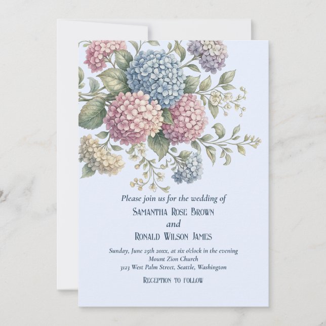 Dusty Blue Delicate Hydrangea Flowers Wedding Invitation (Front)
