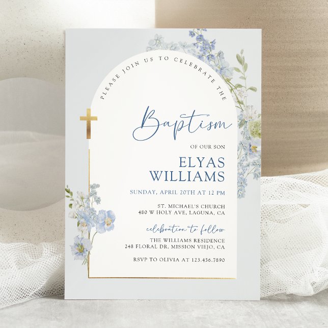 Dusty Blue Delphinium Floral Arched Boy Baptism Invitation (Creator Uploaded)