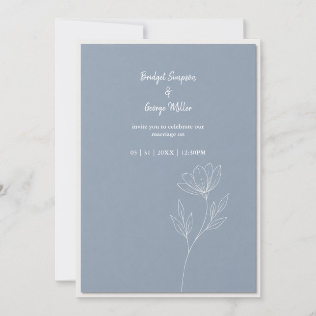 Dusty Blue Delphinium minimal Wedding Romance Invitation (Front)