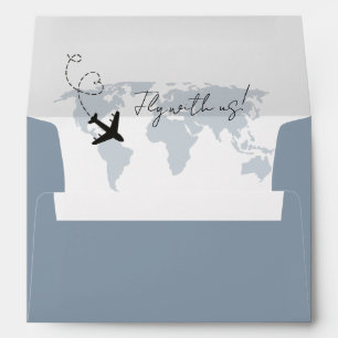Dusty Blue Destination Airplaine World map Wedding Envelope
