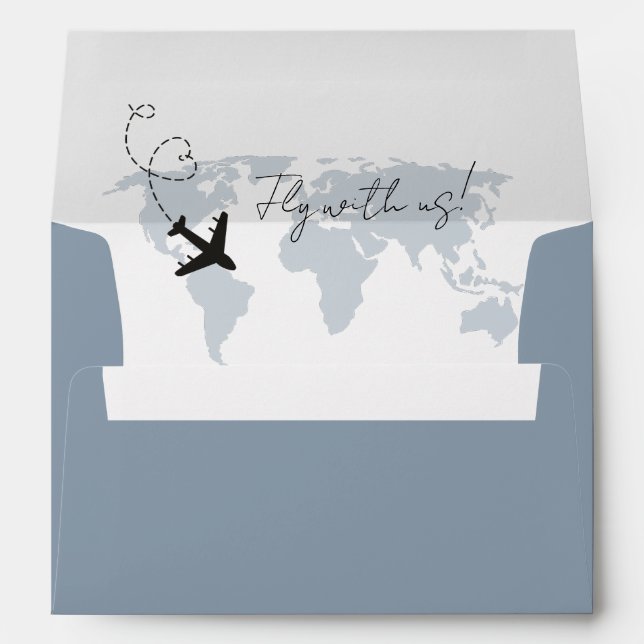 Dusty Blue Destination Airplaine World map Wedding Envelope (Back (Bottom))
