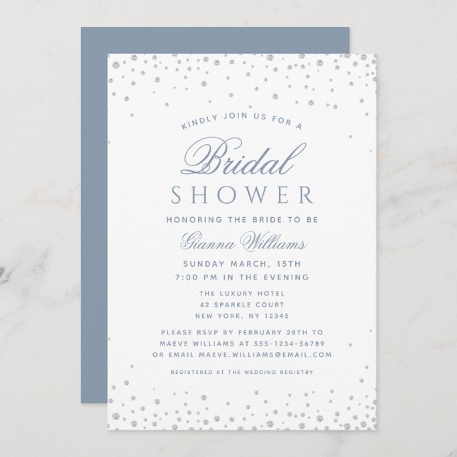 Dusty Blue Diamonds Modern Luxury Bridal Shower Invitation (Front/Back)