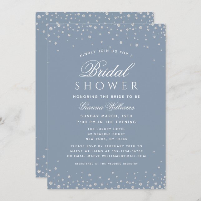 Dusty Blue Diamonds Modern Luxury Bridal Shower Invitation (Front/Back)
