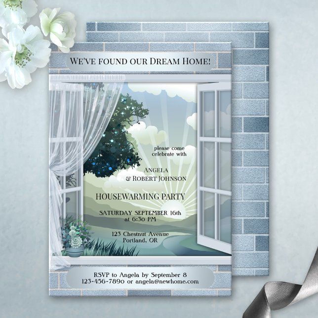Dusty Blue Dream Home Housewarming Invitation (Housewarming party invitation featuring a dreamy dusty blue silver and pale green design)