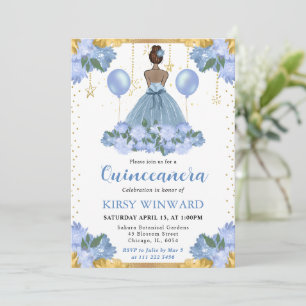 Dusty Blue Dress Dark Skin Princess Quinceanera Invitation