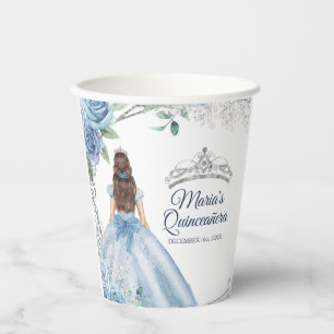 Dusty Blue Dresses Quinceañera Crown Birthday Paper Cups