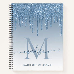 Dusty Blue Drips Glitter Sparkle Monogram Script Notebook