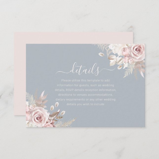 Dusty Blue Dusty Rose Blush Ivory Wedding Details Enclosure Card (Front/Back)