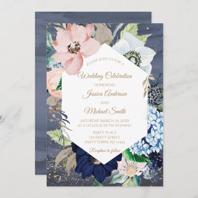 Dusty Blue Dusty Rose Gold Floral Wedding Card (Front/Back)