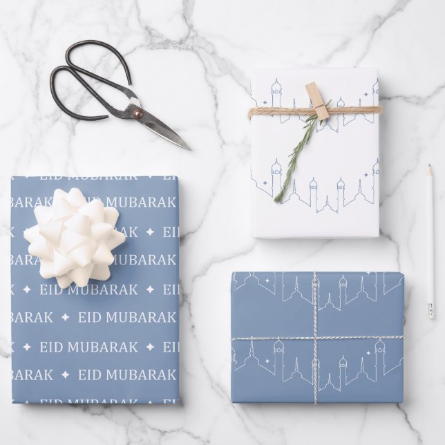 Dusty Blue Eid Mubarak Masjid Pattern Design Wrapping Paper Sheet (Front)