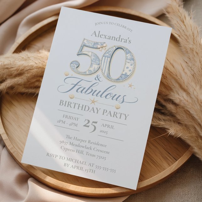 Dusty Blue Elegant 50 & Fabulous Birthday Invitation (Creator Uploaded)
