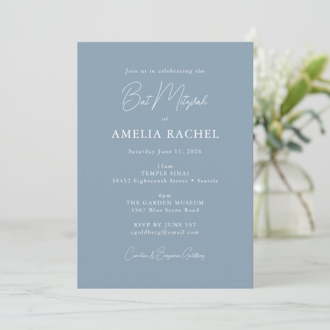 Dusty Blue Elegant Bat Mitzvah Modern Script Chic Invitation (Standing Front)