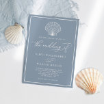 Dusty Blue Elegant Beach Seashell Wedding Invitation<br><div class="desc">This simple minimal dusty blue beach wedding invitation design has a scallop shell at the top,  elegant script calligraphy,  and a frame around the edge.</div>