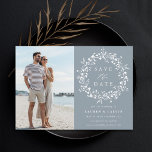 Dusty Blue Elegant Boho Wildflower Wedding Photo Save The Date<br><div class="desc">This elegant wedding save the date card features wildflowers silhouette wreath with your photo and couples initials on the back.  For more advanced customisation of this design,  please click the BLUE DESIGN TOOL BUTTON above!</div>
