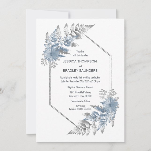 Dusty Blue Elegant Botanical Wedding Invitation (Front)