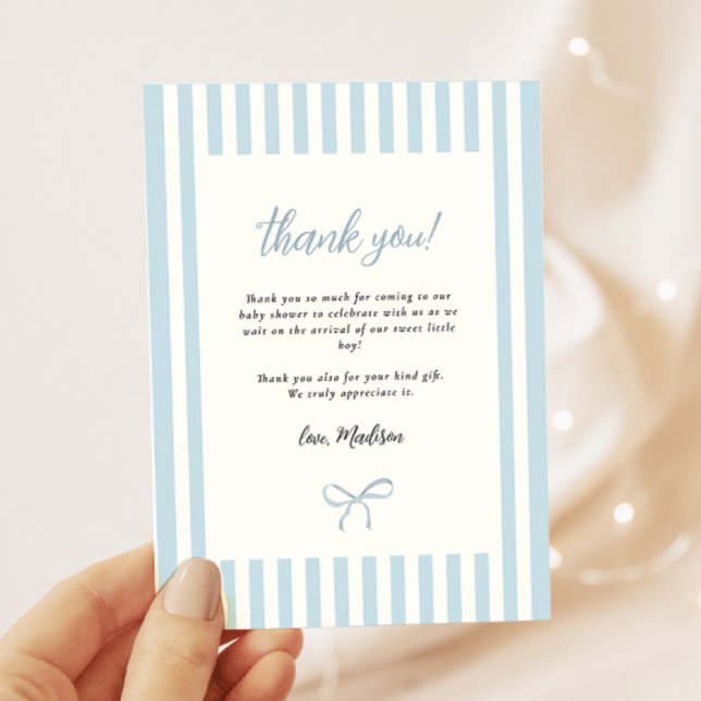 Dusty Blue Elegant Bow Boy Baby Shower Thank You Card (Creator Uploaded)