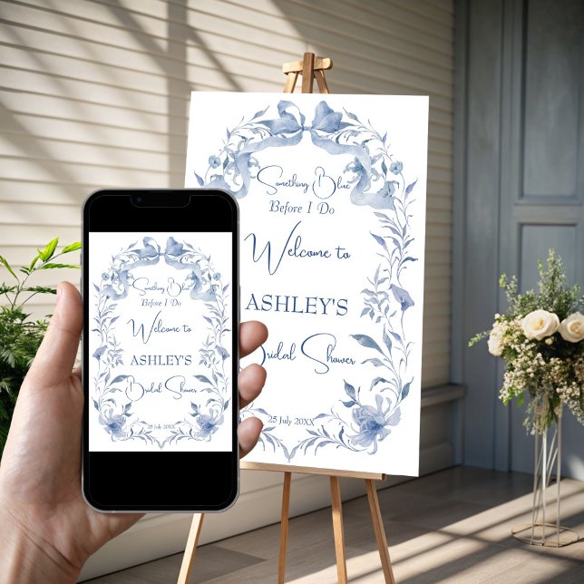 Dusty blue elegant bridal shower welcome sign (Dusty blue vintage floral ribbon bow elegant bridal shower welcome sign poster template download)