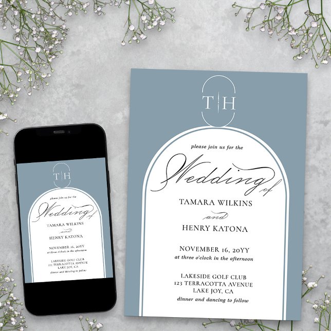Dusty Blue Elegant Calligraphy Monogrammed Wedding Invitation (Dusty Blue Monogrammed Wedding Invitation from my Wedding Colors Collection)