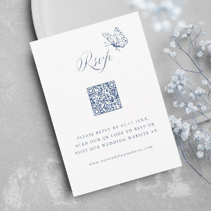 Dusty Blue Elegant Calligraphy Wedding QR Code RSVP Card