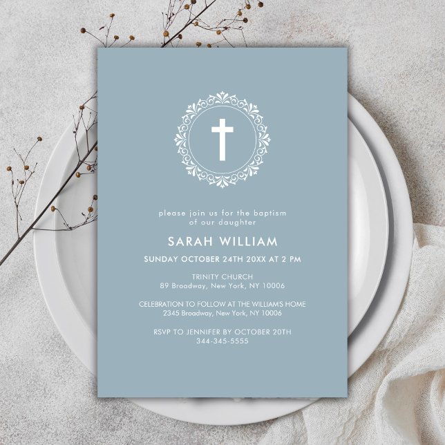 Dusty Blue Elegant Classic Cross Wreath Baptism  Invitation (Dusty Blue Elegant Classic Cross Wreath Baptism Invitation)