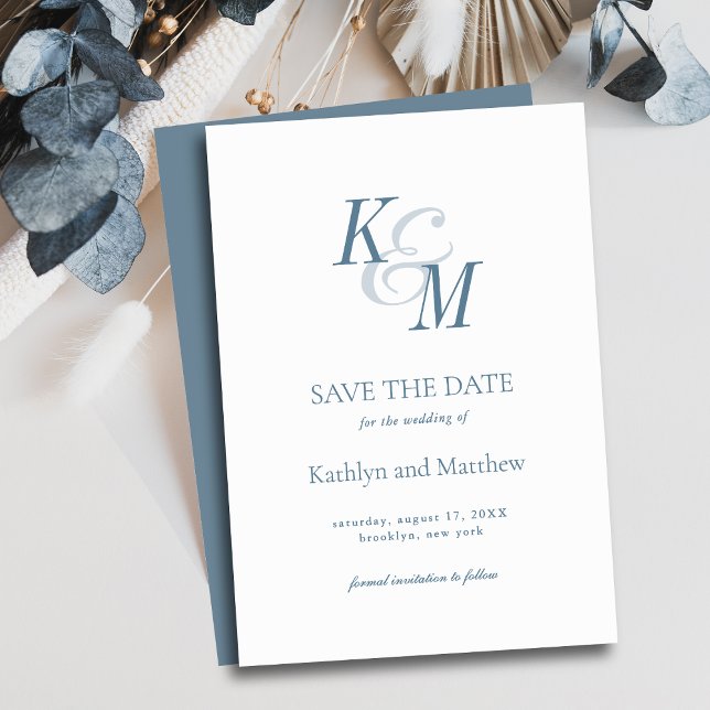 Dusty Blue Elegant Classic Monogram Wedding Save The Date (Creator Uploaded)