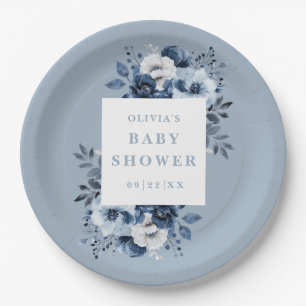 Dusty Blue Elegant Country Floral Baby Shower Paper Plate